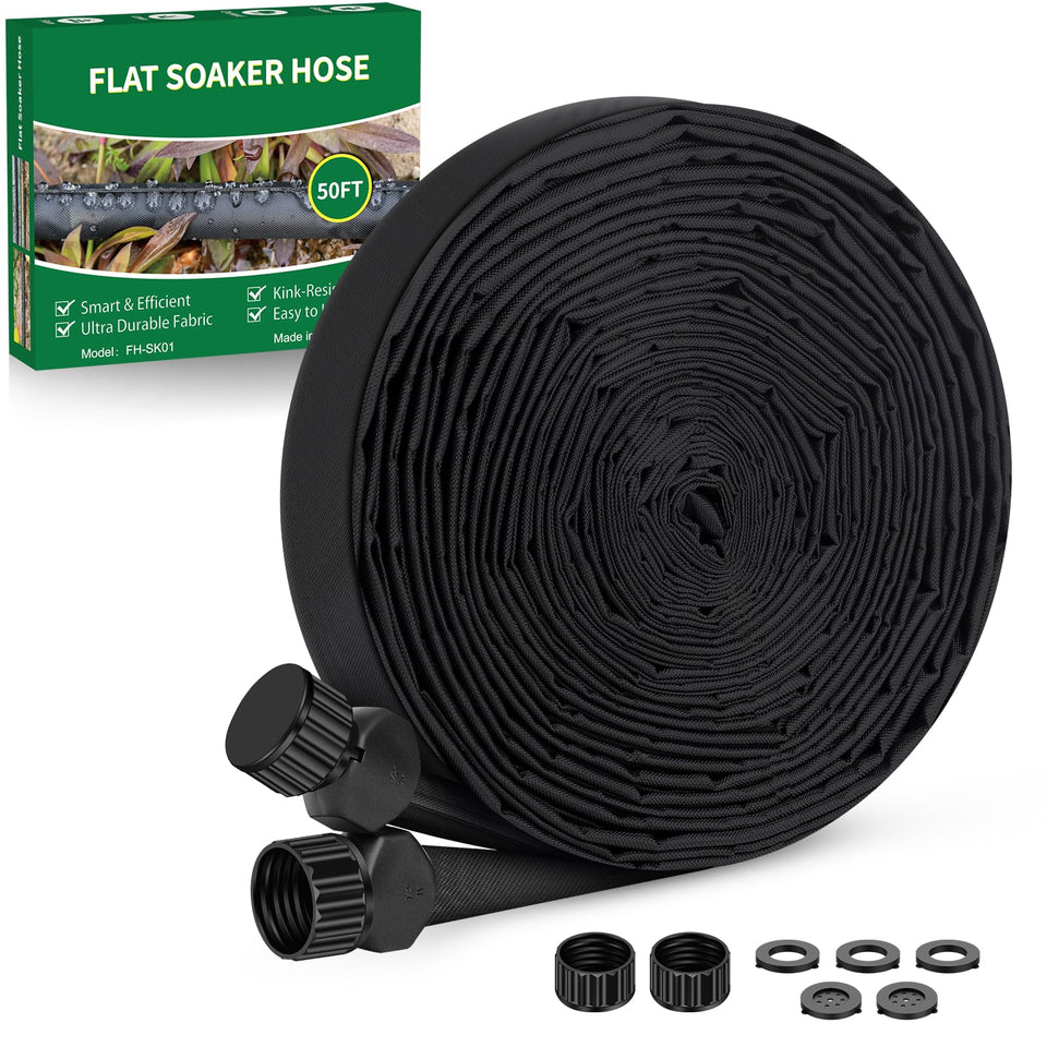 Tuzoc soaker hose 50ft with flat design for easy storage and even watering.
