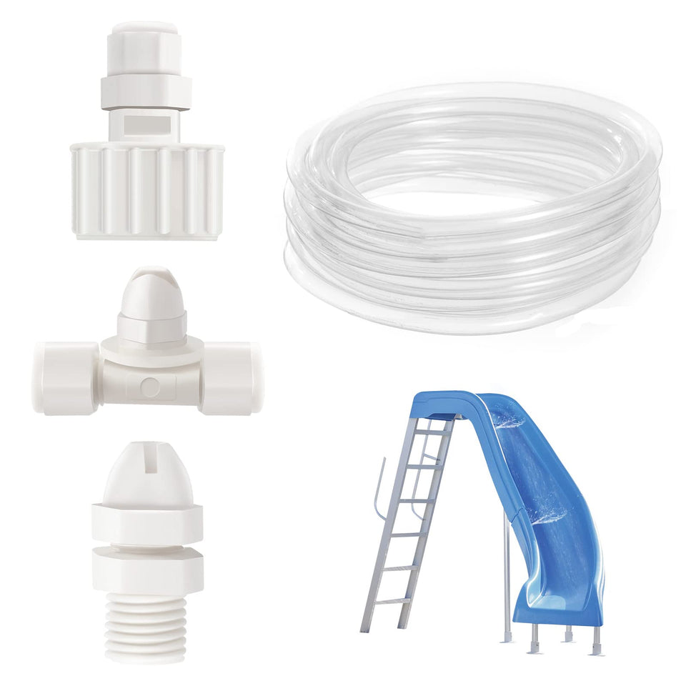 Tvwen pool slide spray nozzles provide targeted spray for a slick, fun ride.