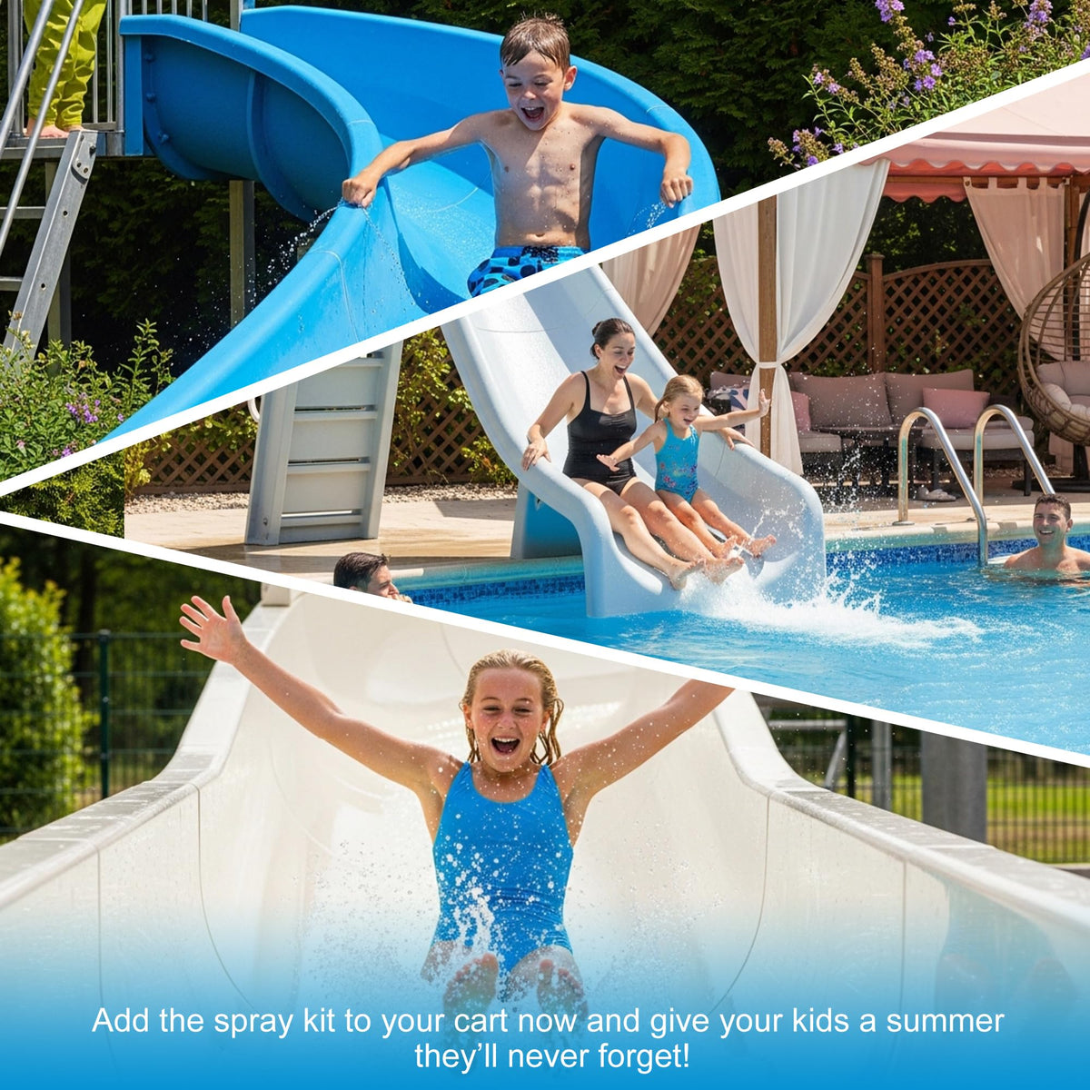 Tvwen pool slide spray action highlights spray coverage on the surface.