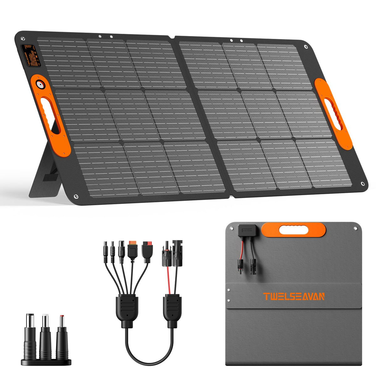 TWELSEAVAN 110W solar panel folded for easy transport and quick setup.