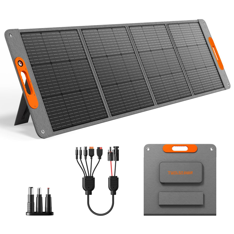 TWELSEAVAN 200W panel folded view for easy transport and quick sun setup.
