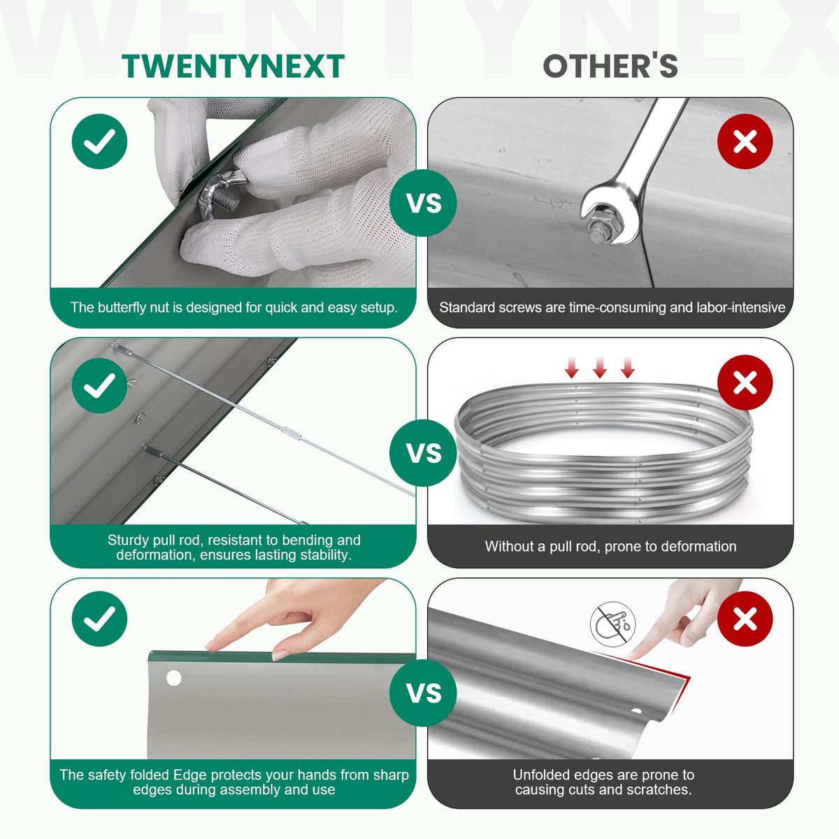 TwentyNext butterfly nuts allow tool-free, quick bed assembly