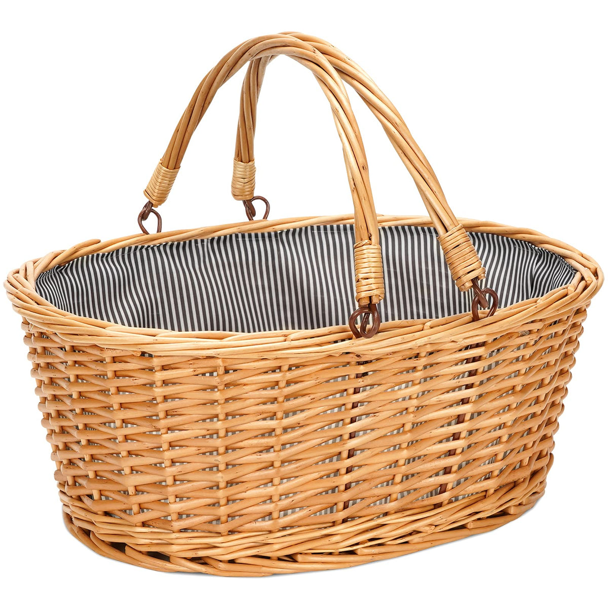 TwentyNext wicker picnic basket front view highlighting sturdy handles for easy transport.