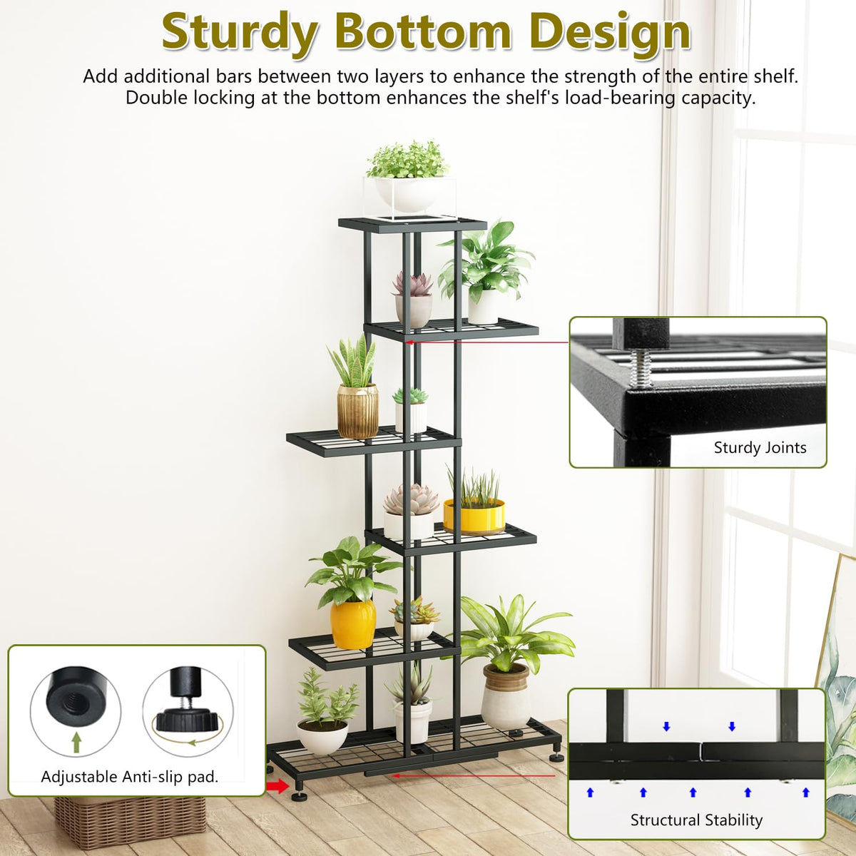Twhep plant rack shows 12-pot capacity with accessible layers