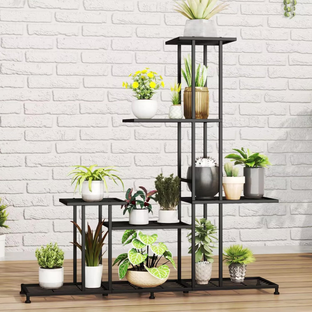 Twhep plant stand with adjustable-foot pads on uneven floor