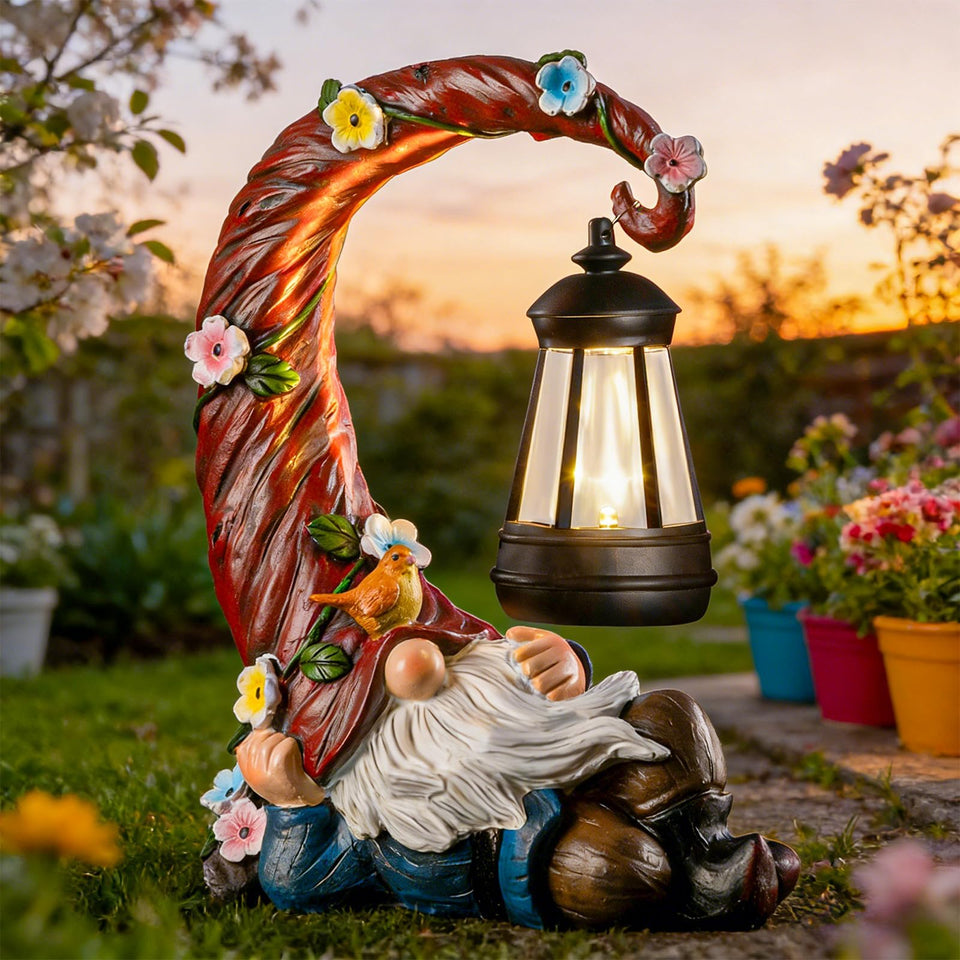 Twinbling garden gnome with floral accents enhances outdoor charm.