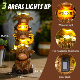 Twinbling Highland Cow statue with flower decor for patio and porch charm
