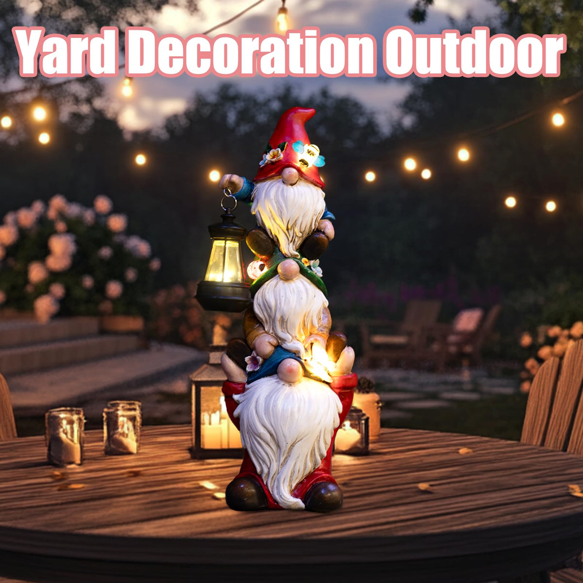 Twinbling night-time garden ambiance gnome brightens entryways.