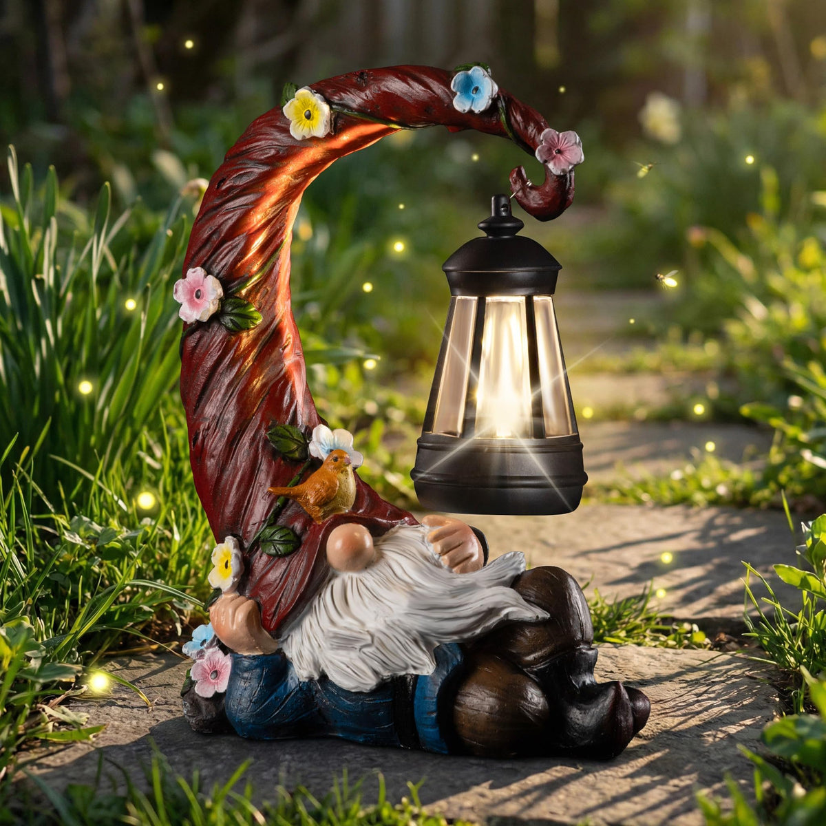 Twinbling patio-lawn display gnome boosts curb appeal.