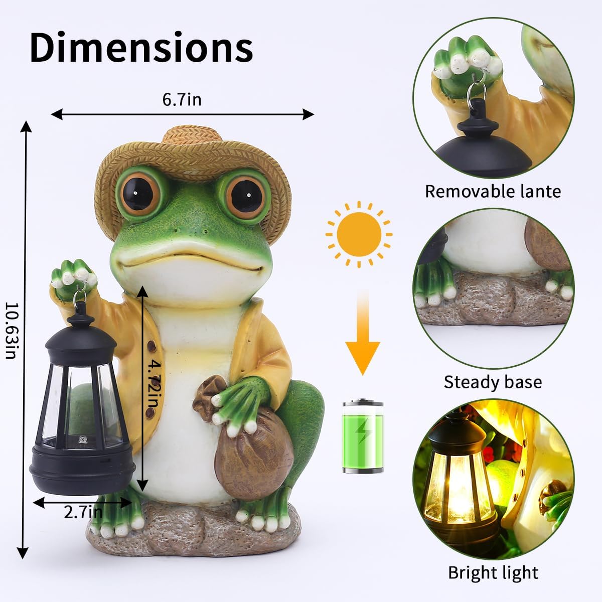Twinbling solar frog statue with lanterns provides gentle night lighting.