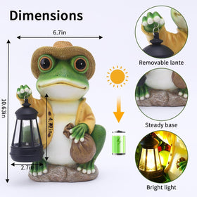 Twinbling solar frog statue with lanterns provides gentle night lighting.
