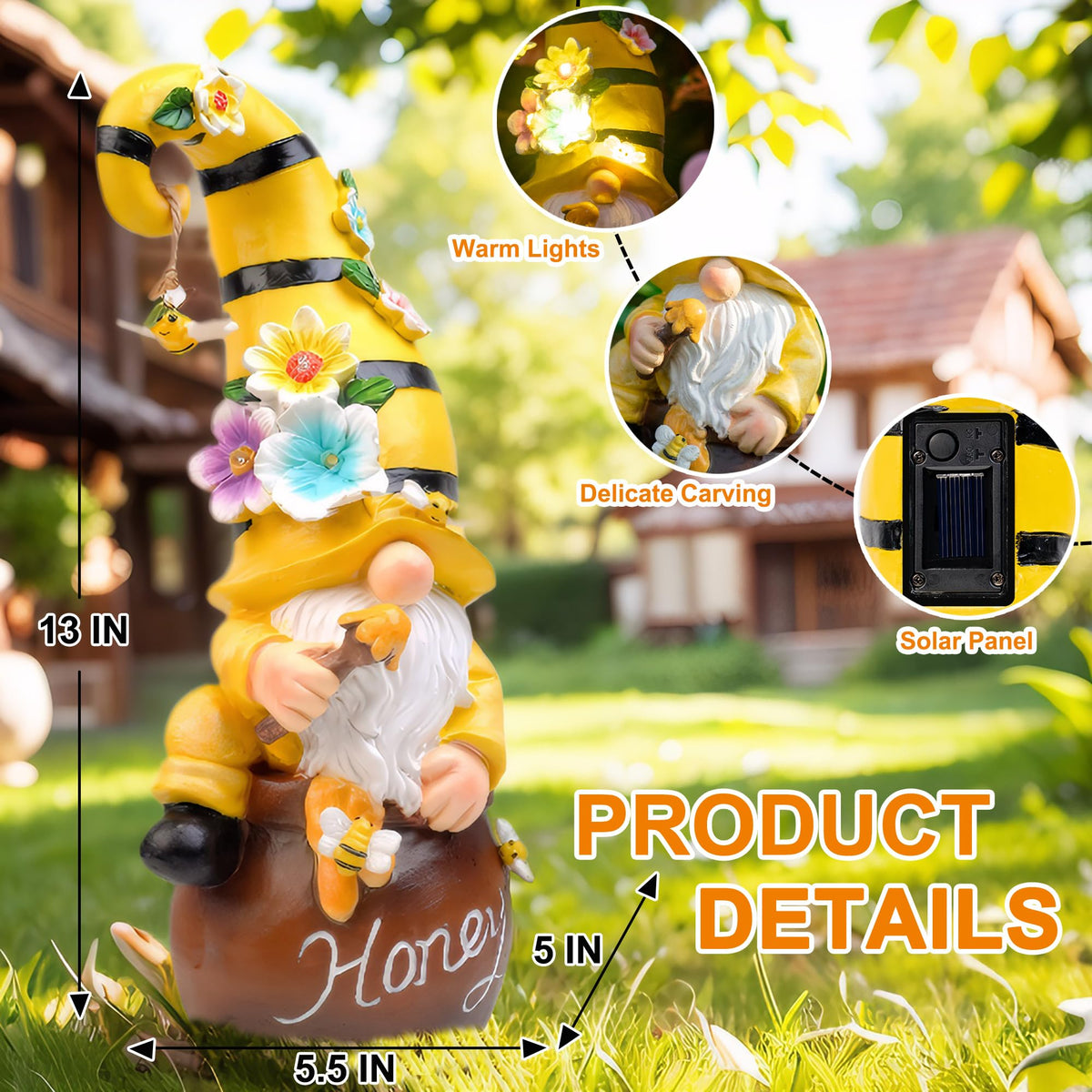 Twinbling solar-powered gnome lights up at night, creating a welcoming yard ambiance.