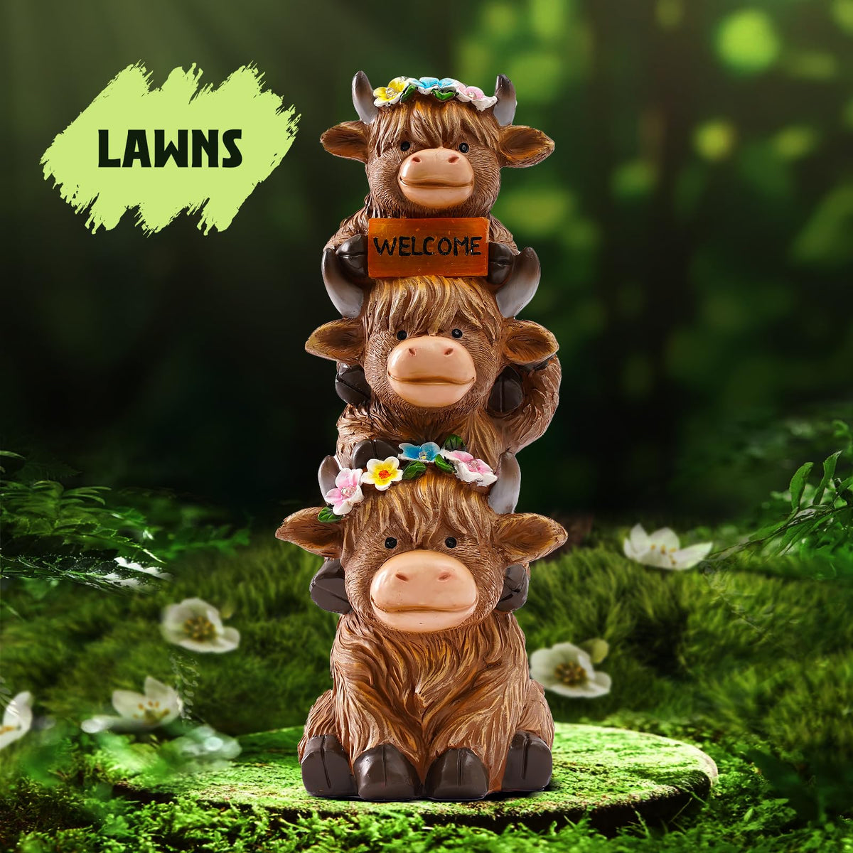 Twinbling triple Highland Cow figurine for yard display and garden focal point