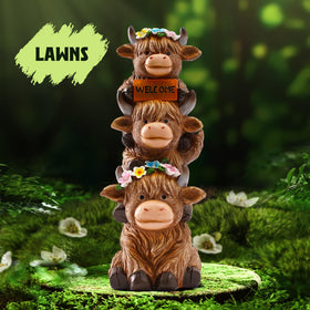Twinbling triple Highland Cow figurine for yard display and garden focal point