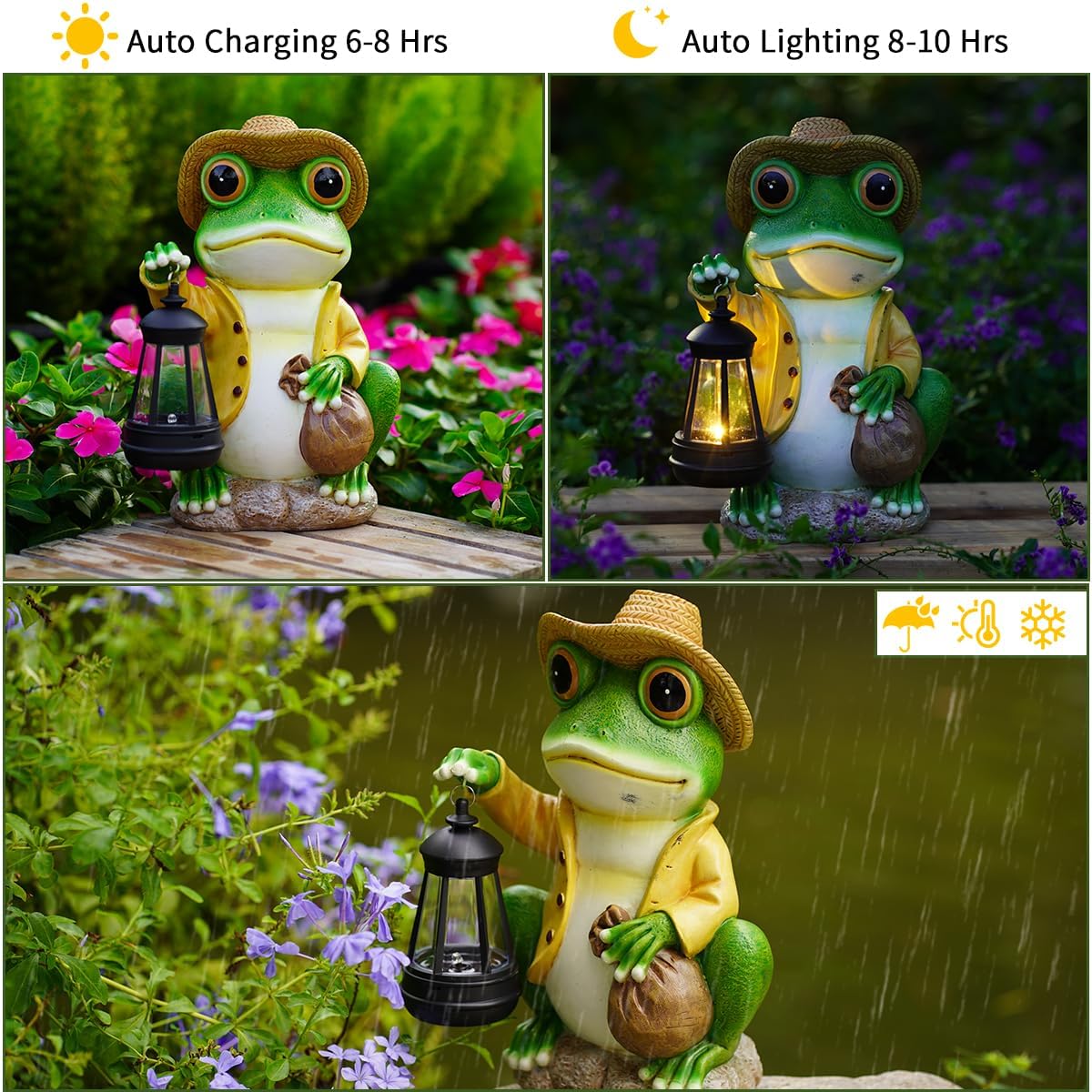 Weatherproof resin keeps Twinbling frog statue durable in all weather.