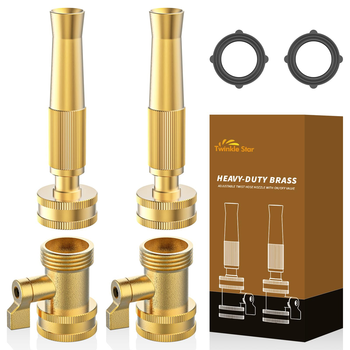 Twinkle Star brass hose nozzle 4-pack for durable, versatile spraying.