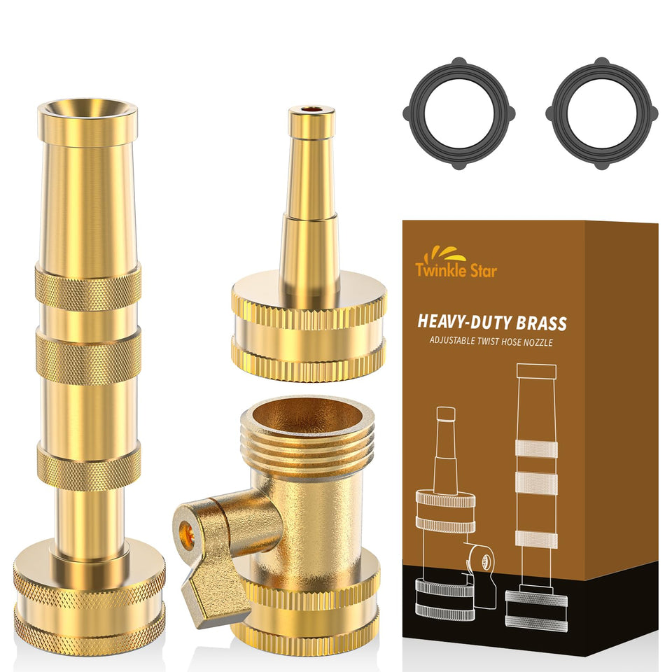 Twinkle Star brass hose nozzle with adjustable head for versatile watering tasks.