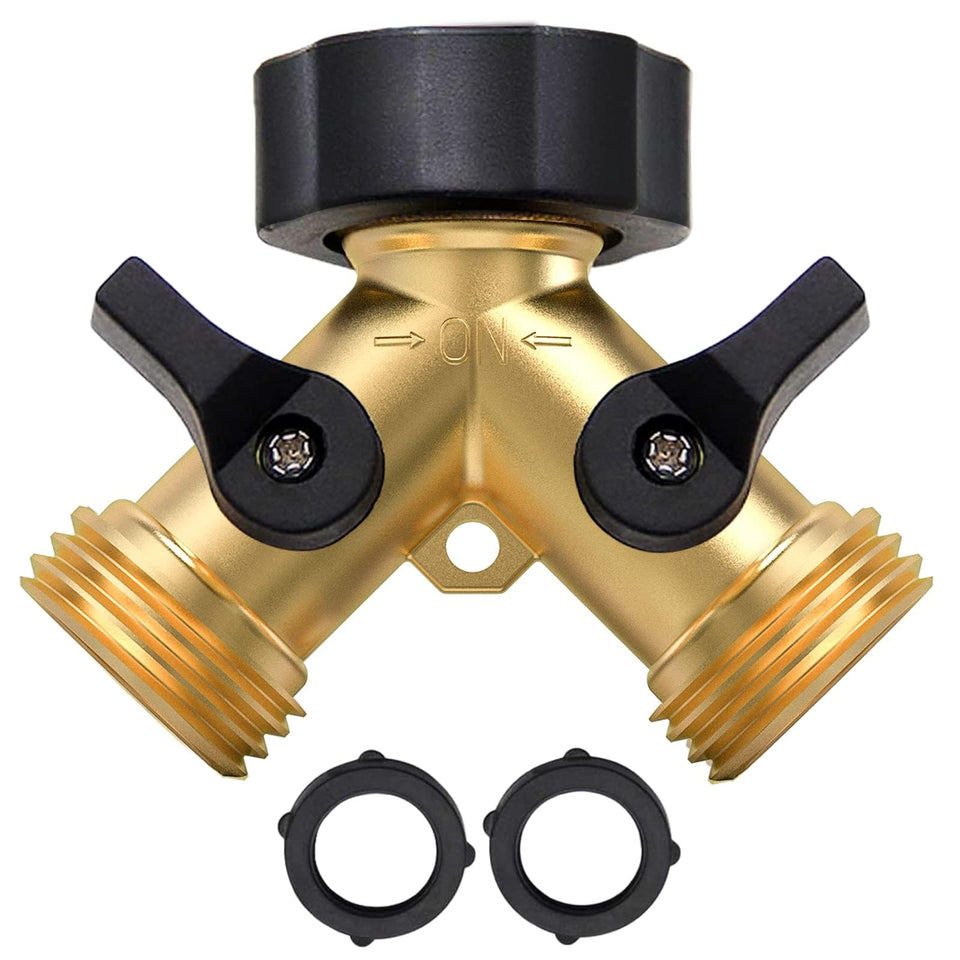 Twinkle Star brass hose splitter with two outlets for versatile watering setups.