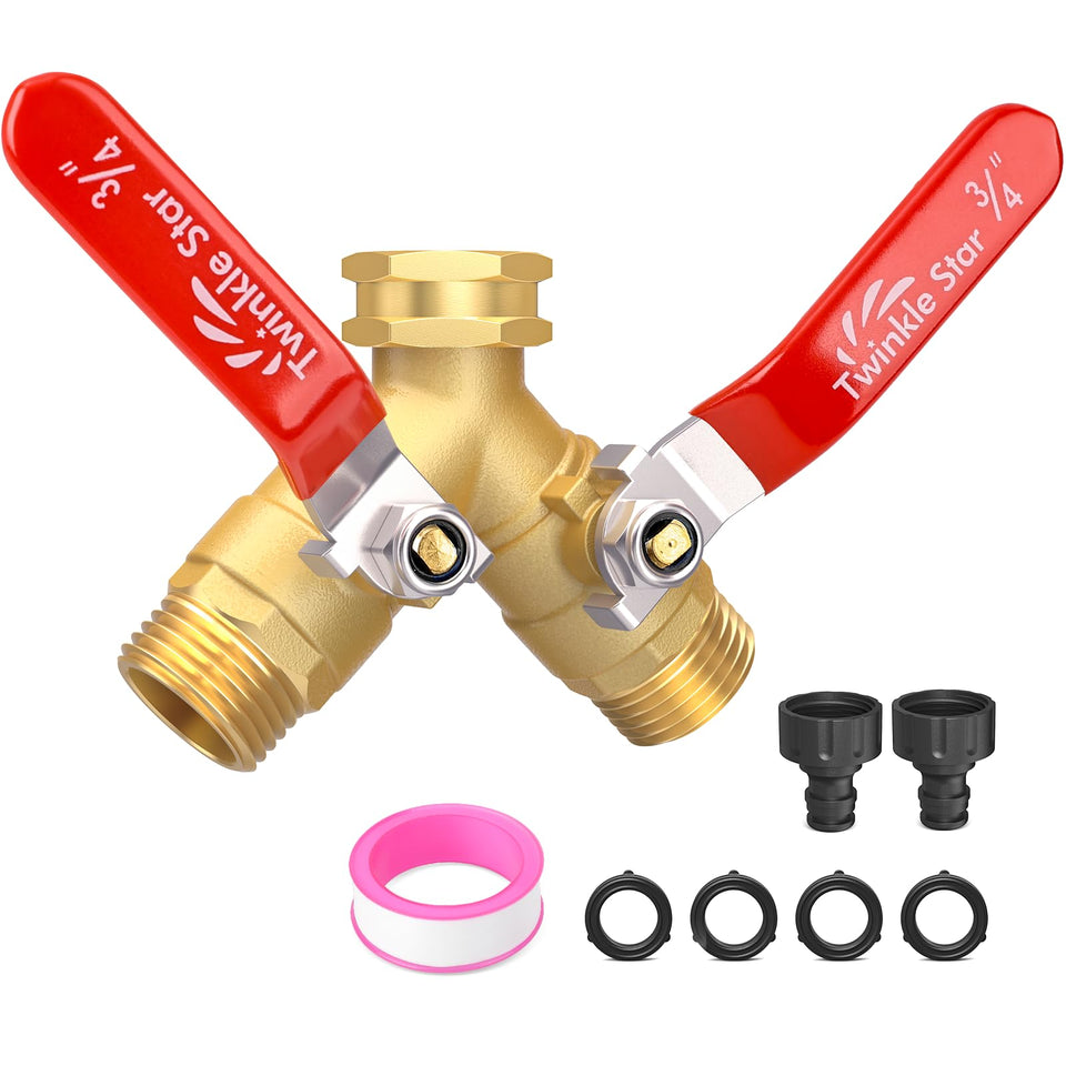 Twinkle Star hose splitter with long handle for easier two-way watering control.