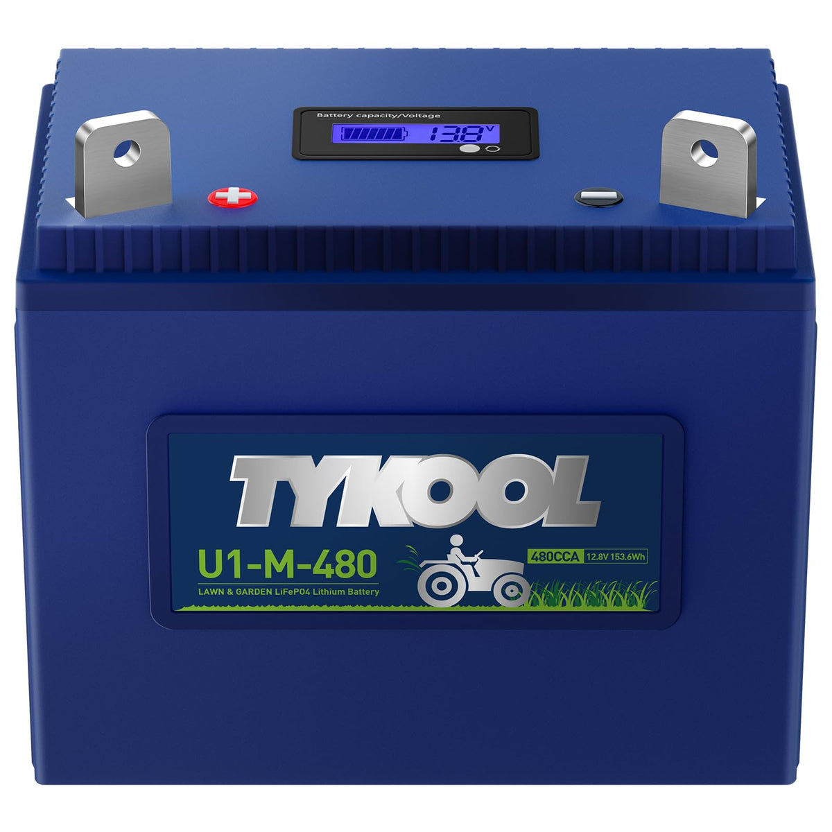 TYKOOL 480CCA U1 battery front view showing strong cold-start performance for mowers