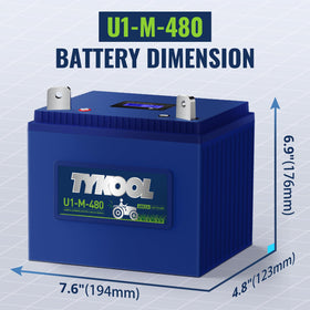 TYKOOL 480CCA U1 battery side view highlighting compact fit for crowded mower trays