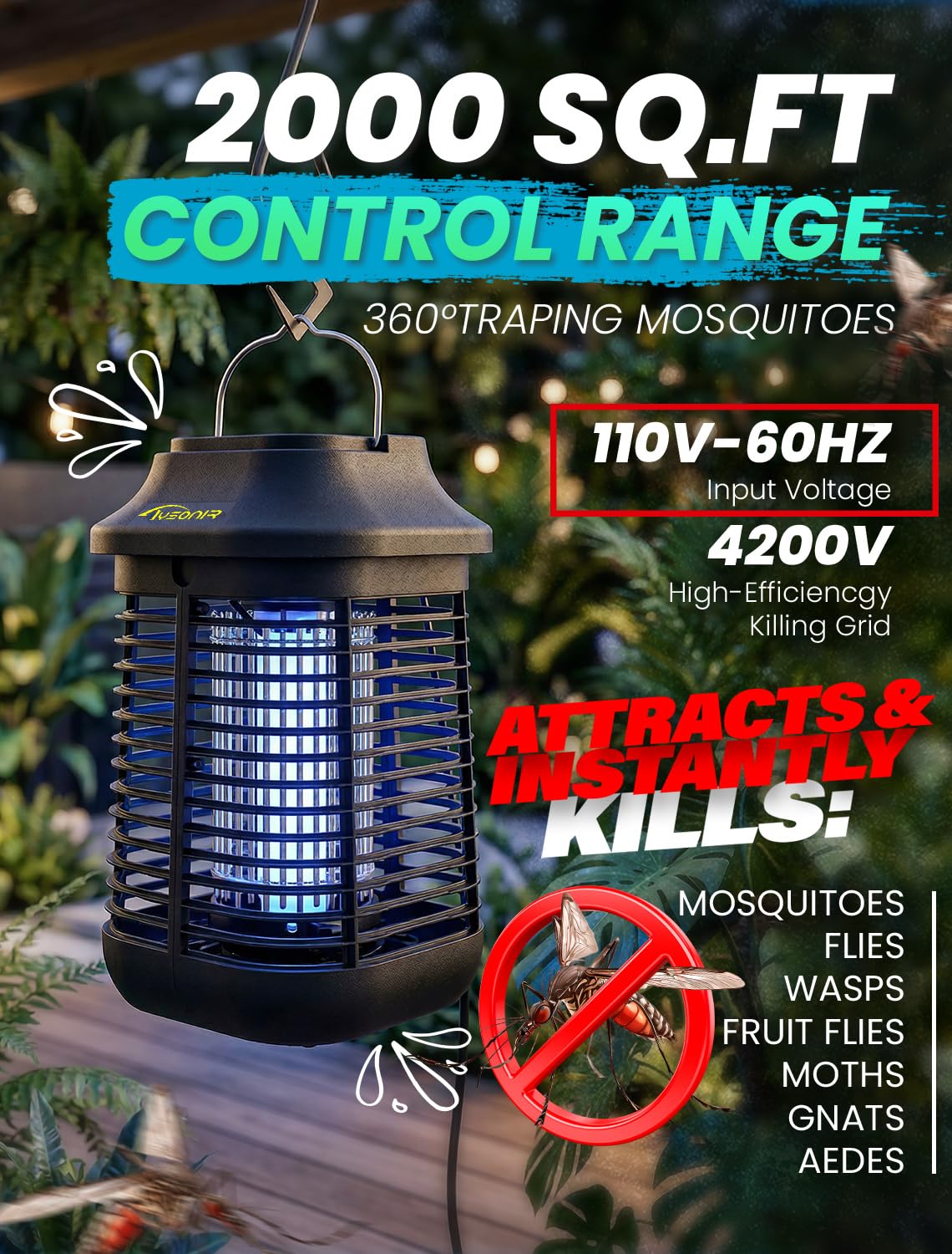 Tysonir Bug Zapper Eco UV light attracts bugs without chemicals, ideal for eco-friendly spaces.