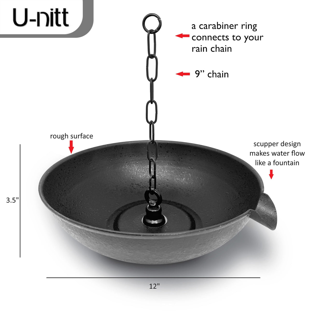 U-nitt rainchain basin fountain display creates a tranquil water feature after rainfall