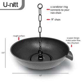 U-nitt rainchain basin fountain display creates a tranquil water feature after rainfall