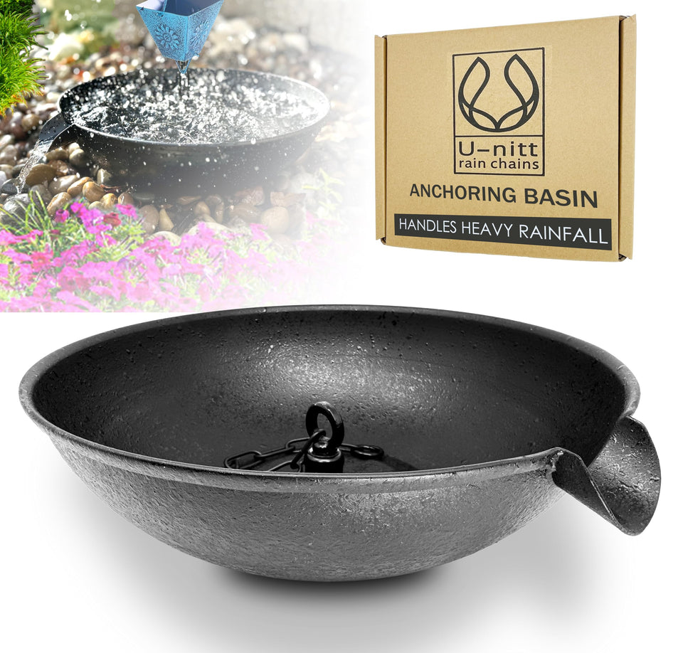 U-nitt spill bowl downspout anchoring secures rain chain and collects roof runoff