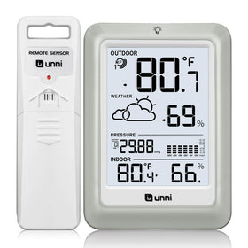U UNNI wireless weather station indoor display shows real-time temperature and humidity