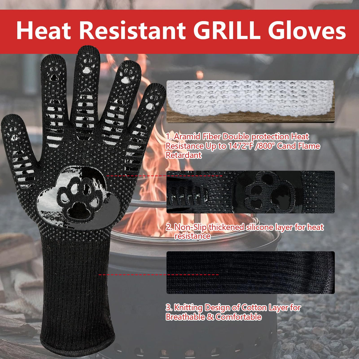 UBeesize three-layer material showing grip, heat resistance, and comfort features.