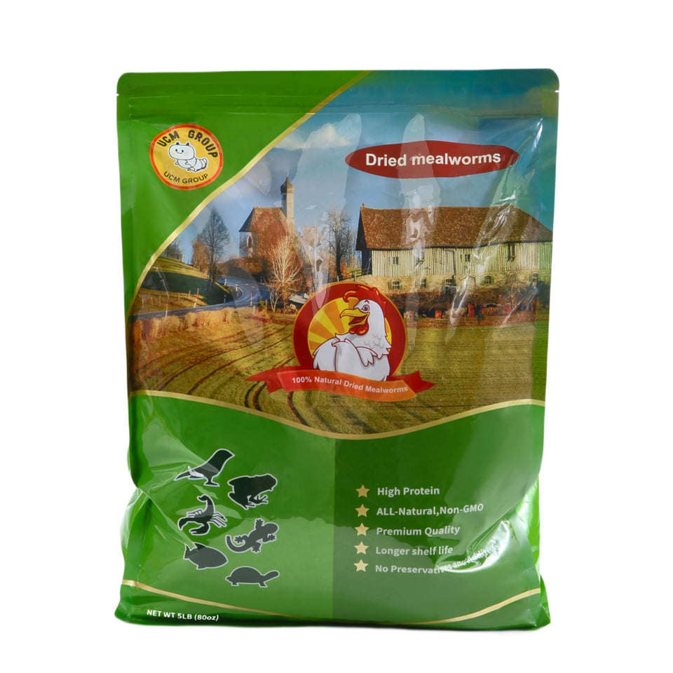 UCM Group mealworms 5lb bag close-up, dust-free and high-protein feed