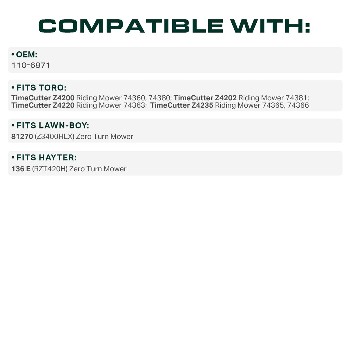 UDC 110-6871 belt length shown at 112.10 inches for fit check.