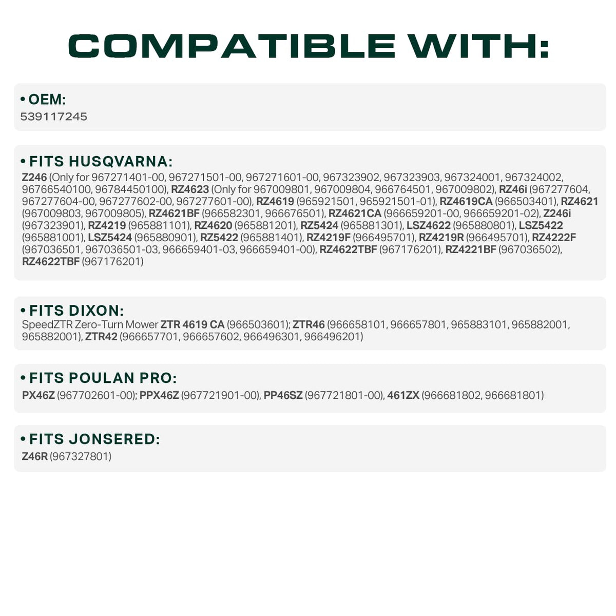 UDC Mower Belts 123-inch length measurement highlights compatibility across brands.