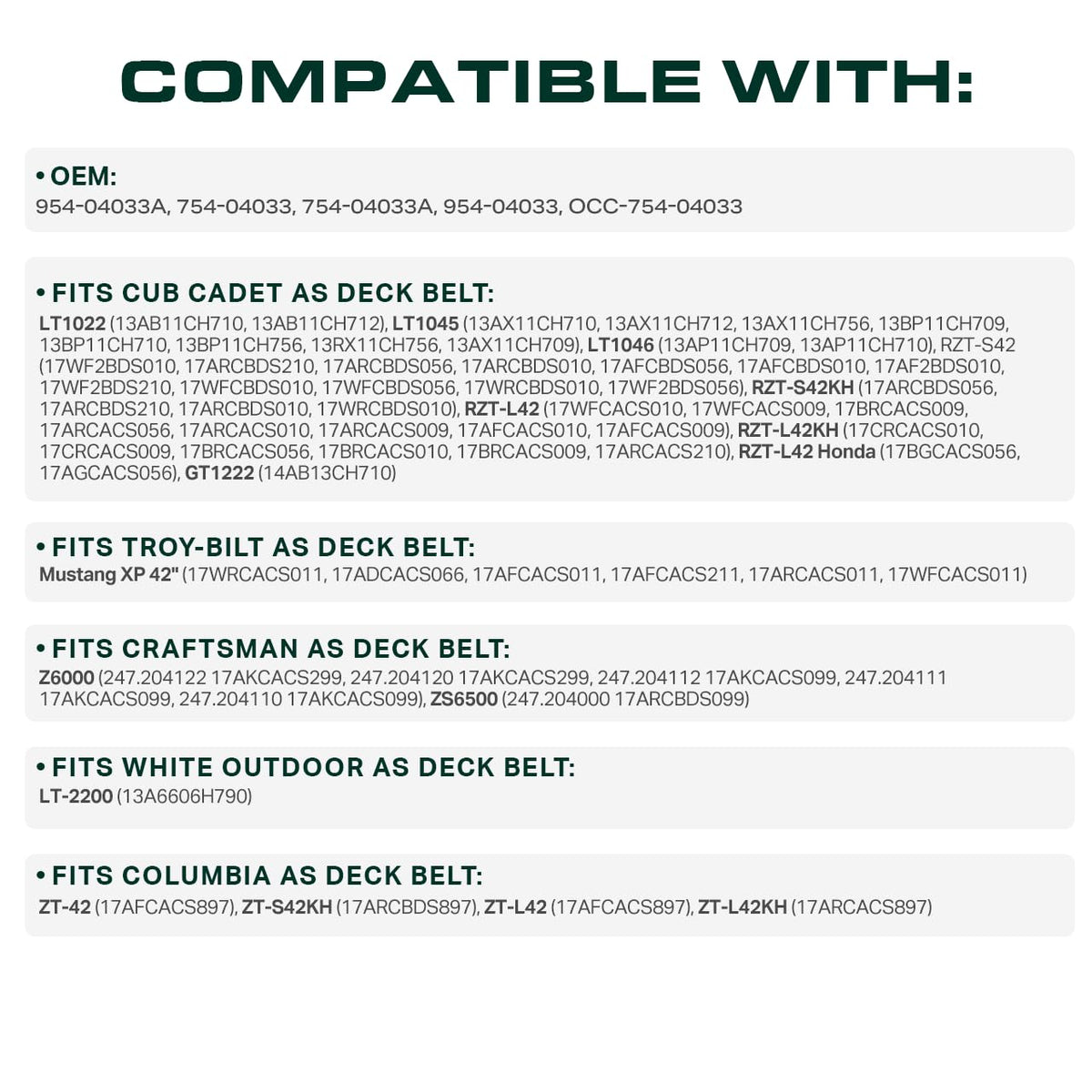 UDC Mower Belts Cub Cadet LT1046 compatibility for flexible mower options.