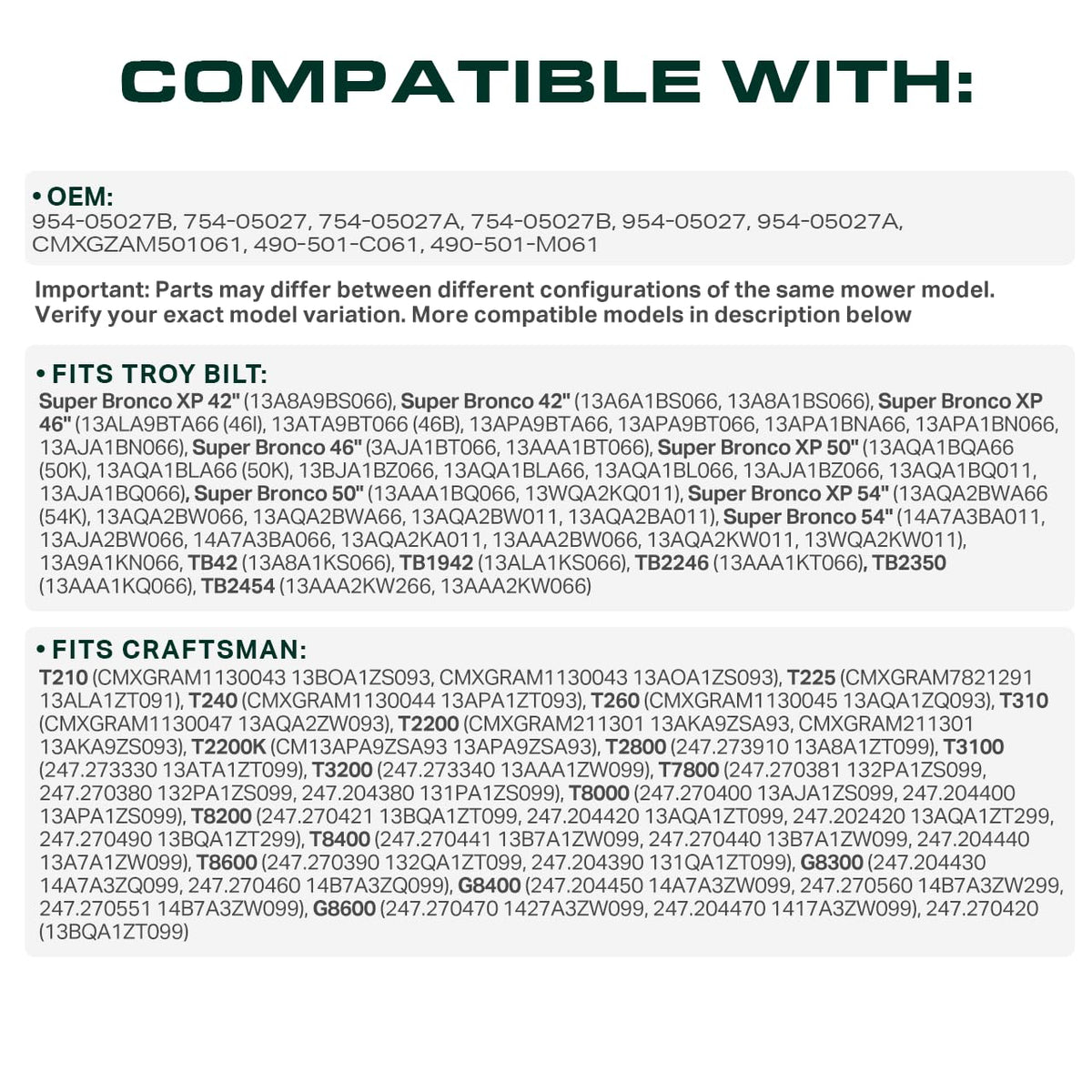 UDC Mower Belts 954-05027B compatibility list highlights wide model support.