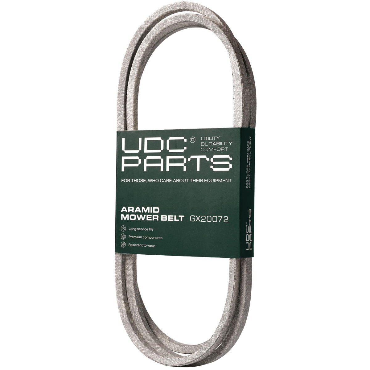 UDC GX20072 deck belt in packaging, ready for installation on Deere 42-inch decks