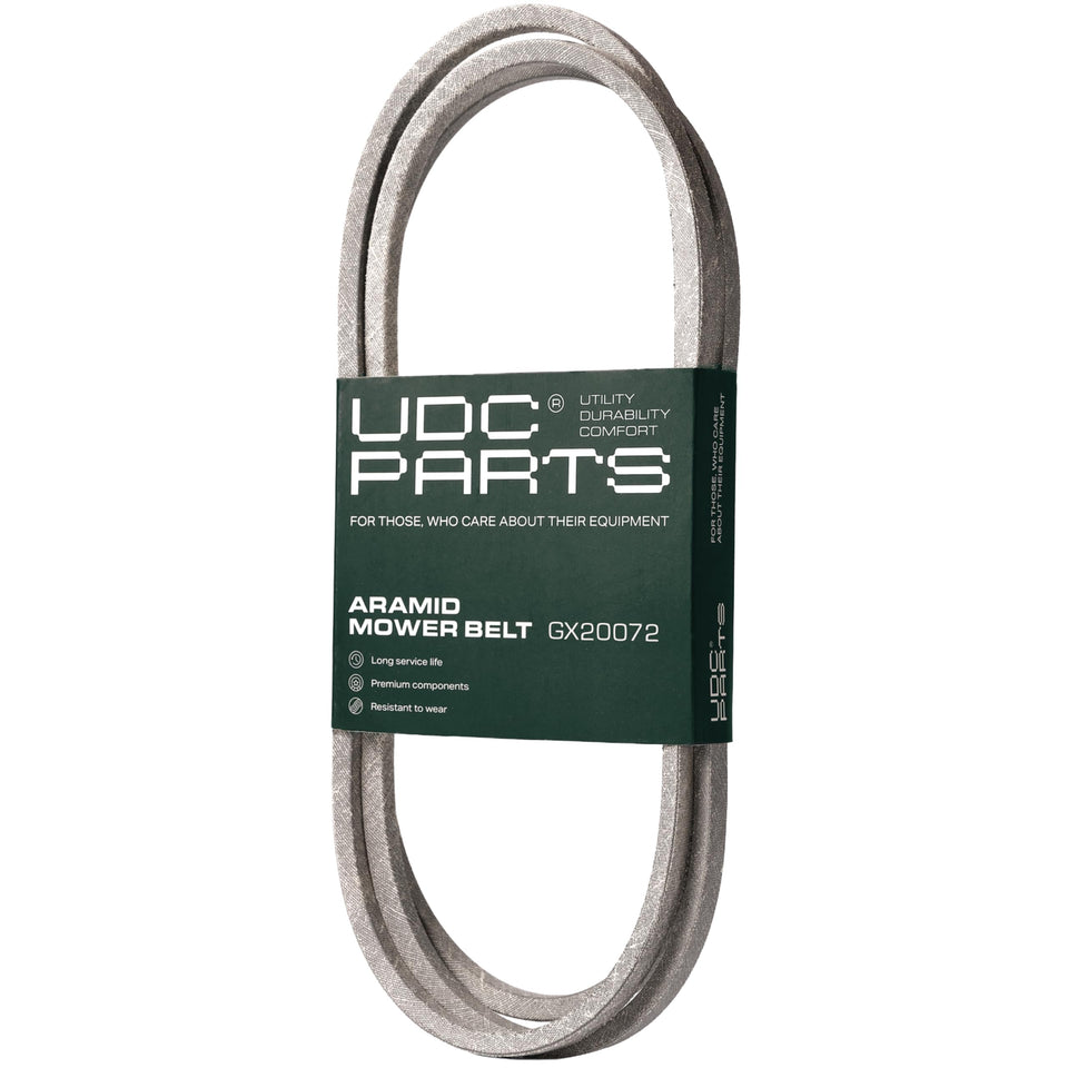 UDC GX20072 deck belt in packaging, ready for installation on Deere 42-inch decks