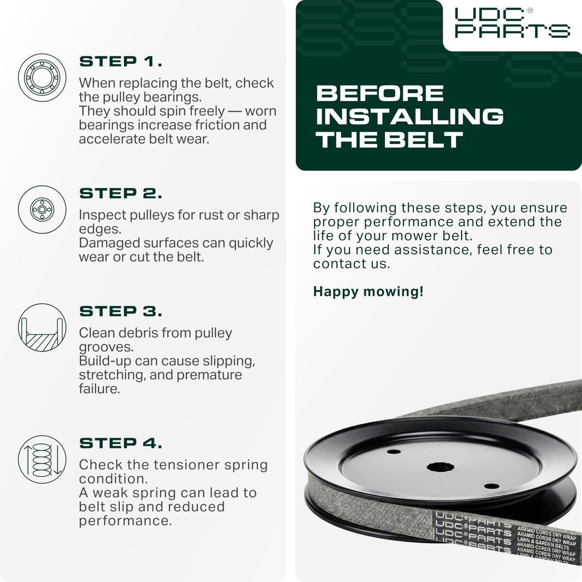 UDC Mower Belts tolerance note for consistent belt length