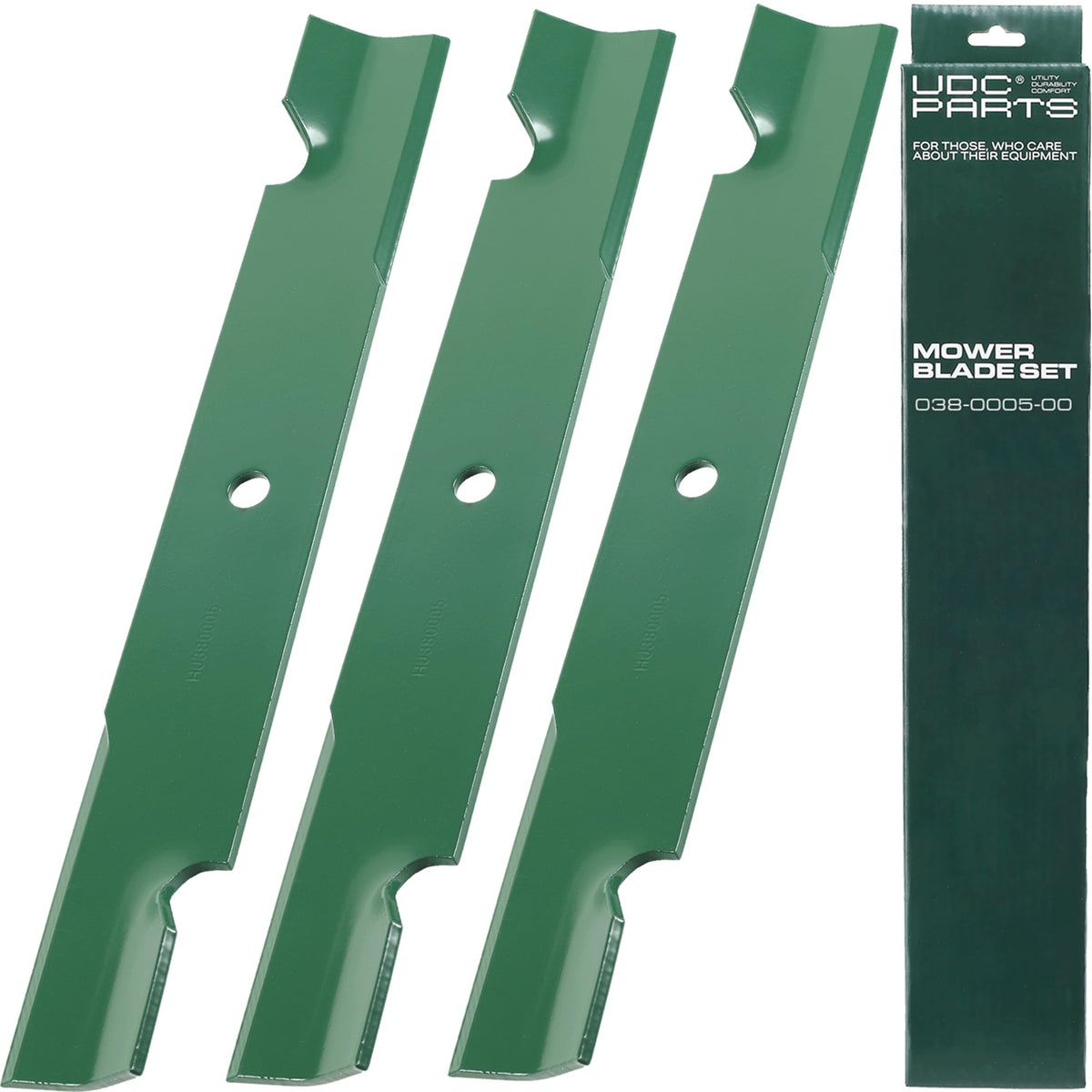 UDC Parts 038-0005-00 mower blade pack front view demonstrates durable construction.