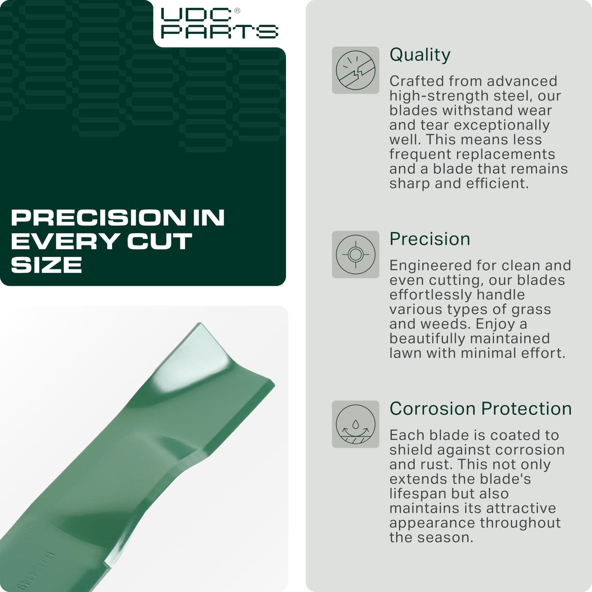UDC Parts 42in mulching blade offers stable cutting under heavy mowing.