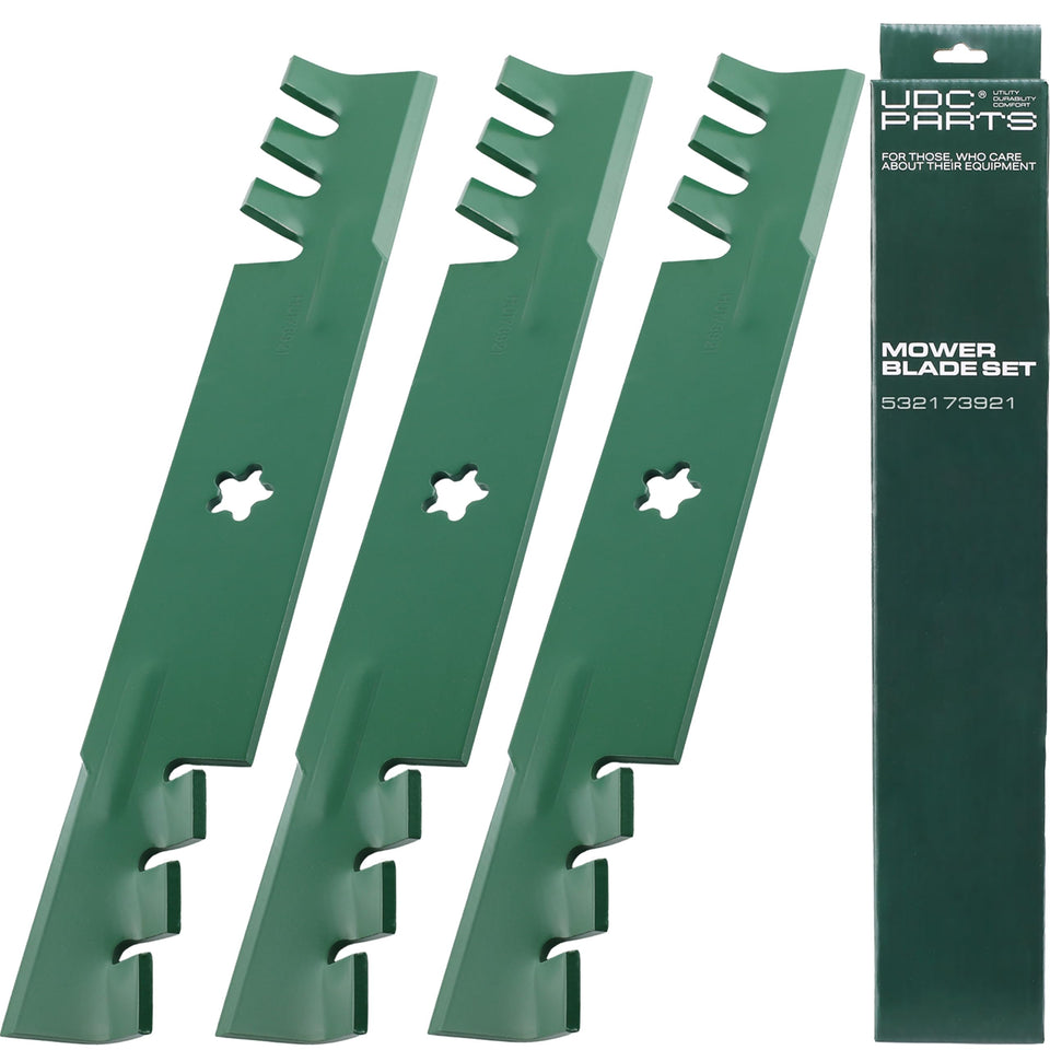 UDC Parts 532173921 blade front view shows robust construction for durable lawn cutting.