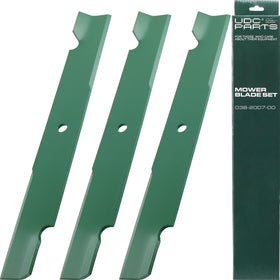 UDC Parts 60-inch mower blades packaging showing compatibility for quick replacement