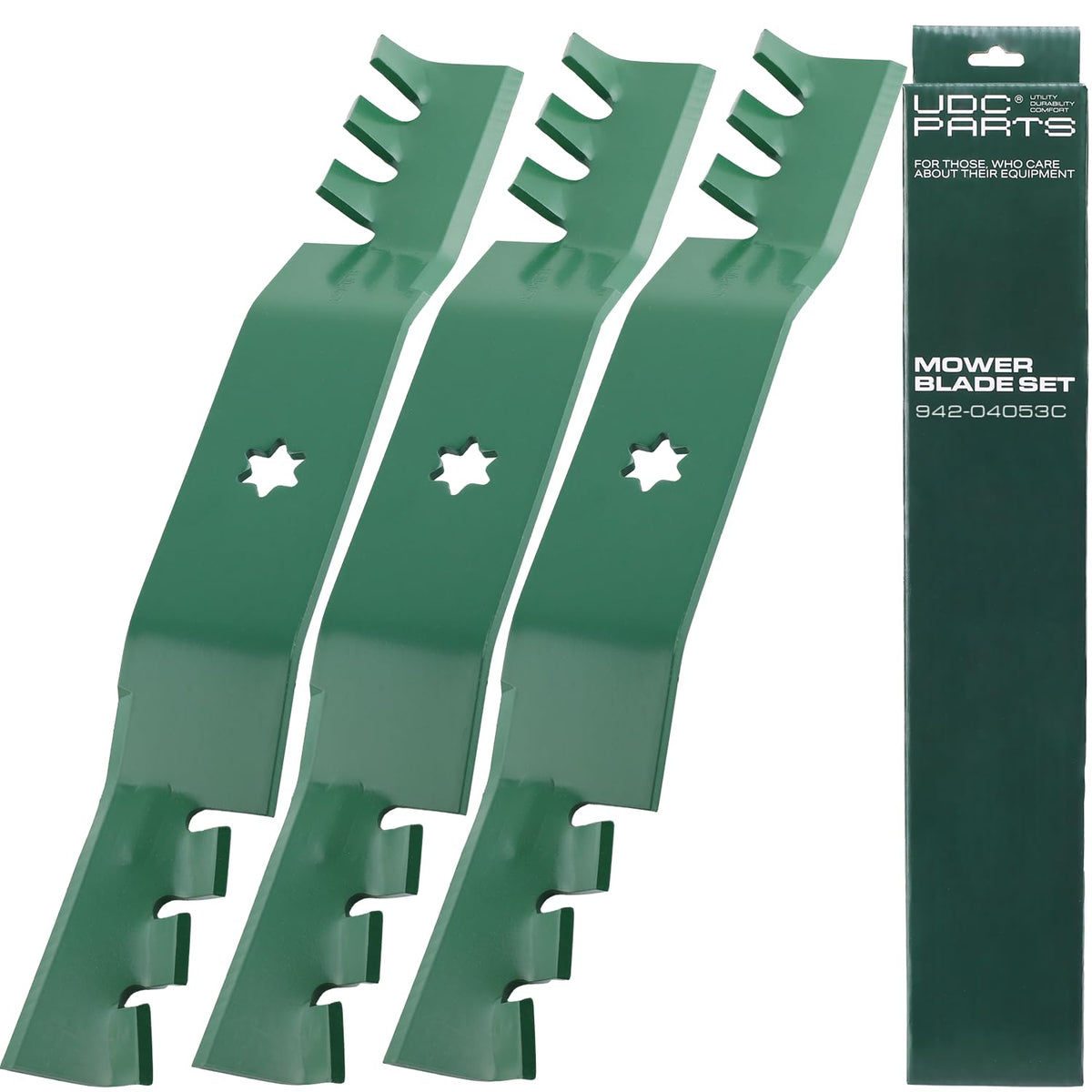 UDC Parts 942-04053C mower blades with 6-point star fitment for compatible decks.