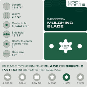 UDC Parts 942-05052A fitment guide showing compatible mower models for precision upgrade