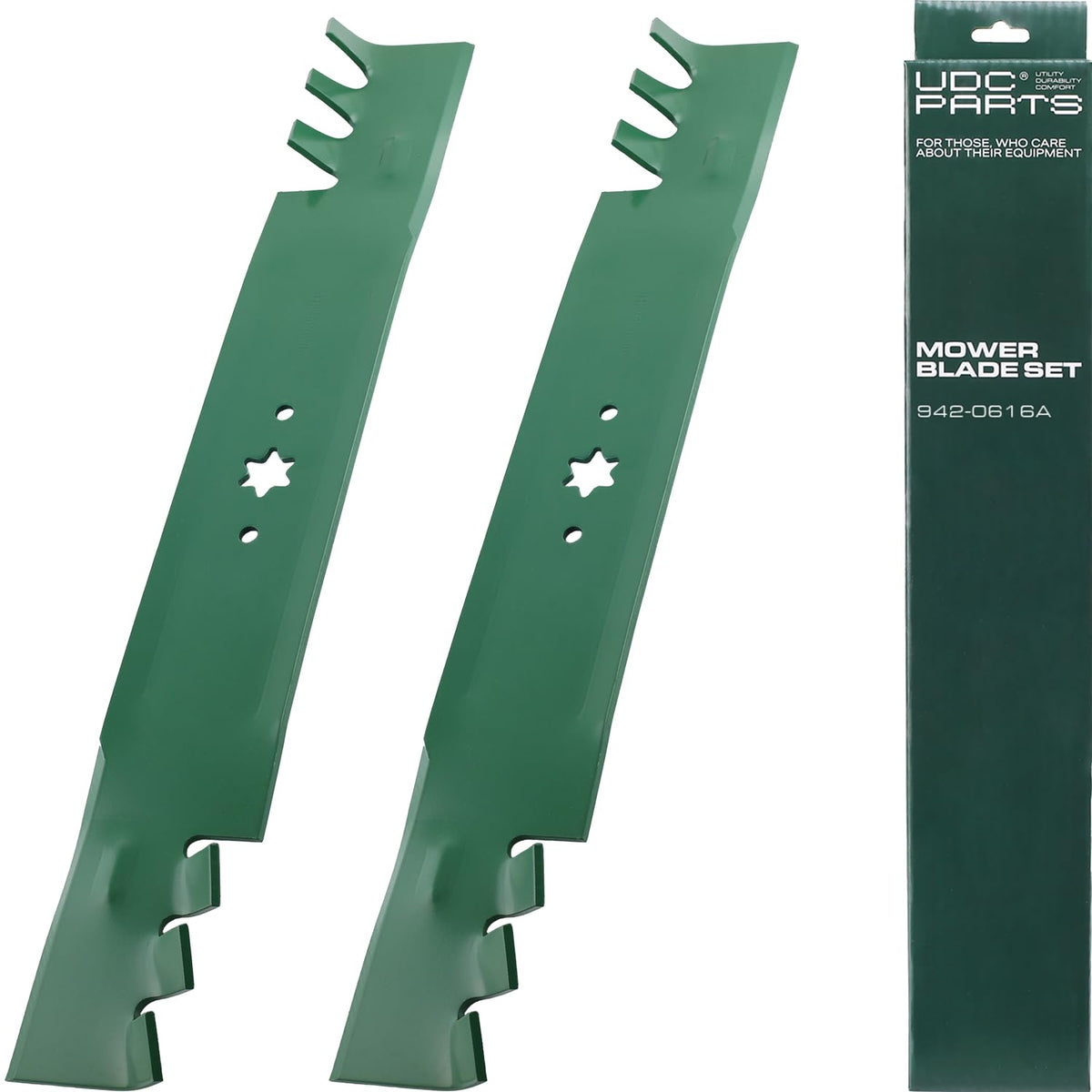 UDC Parts 942-0616A blades packed for 42-inch mowers, ideal for quick replacement.