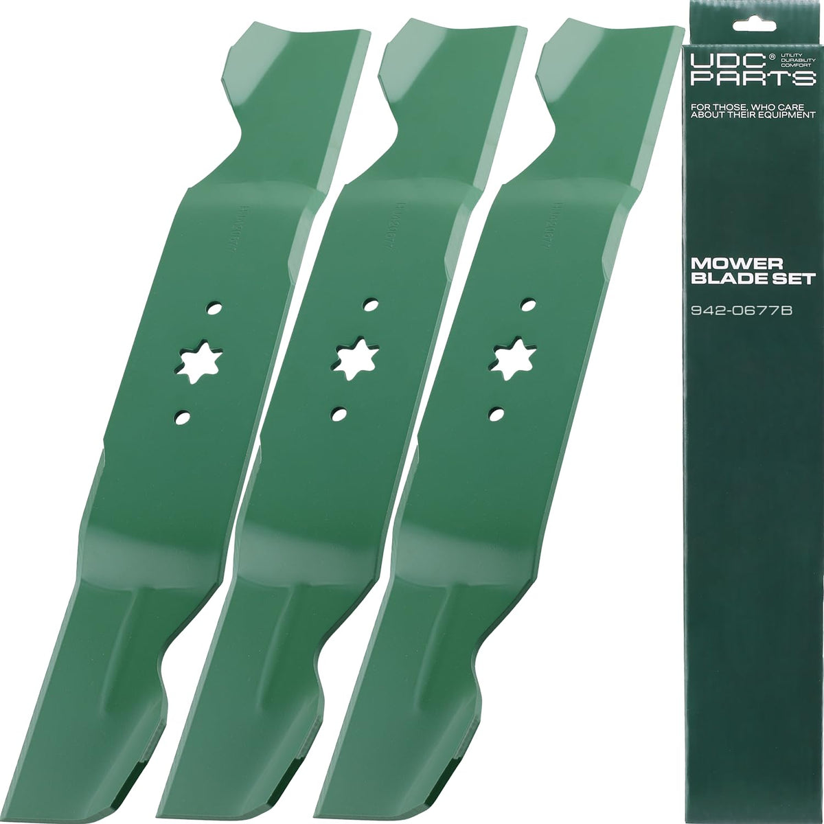 UDC Parts 942-0677B three-pack blades ready for efficient lawn cutting.