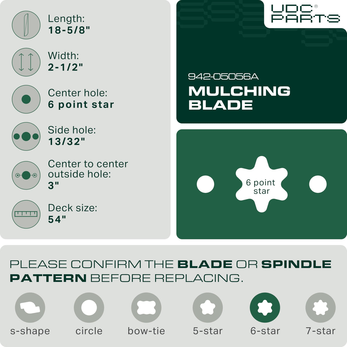 UDC Parts 942-05056A blade aligns with Cub Cadet 6-point star decks.