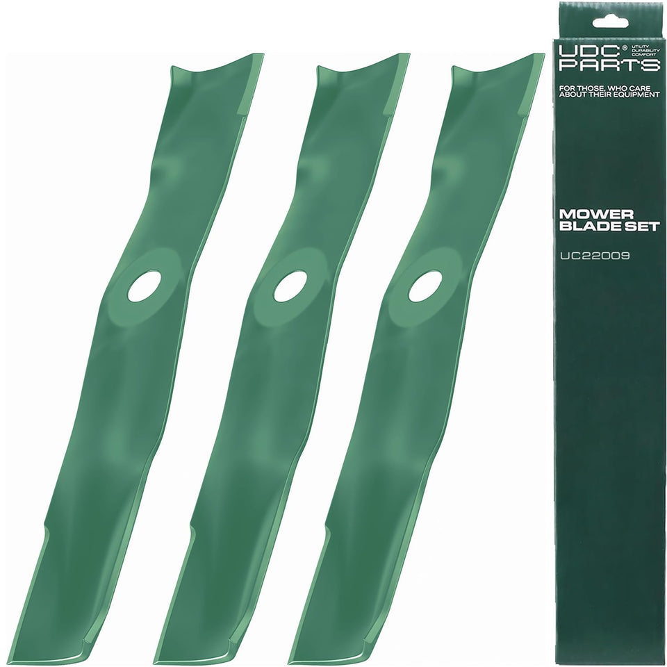 UDC Parts UC22009 3-pack blades ready for quick installation on Deere 48-inch decks.