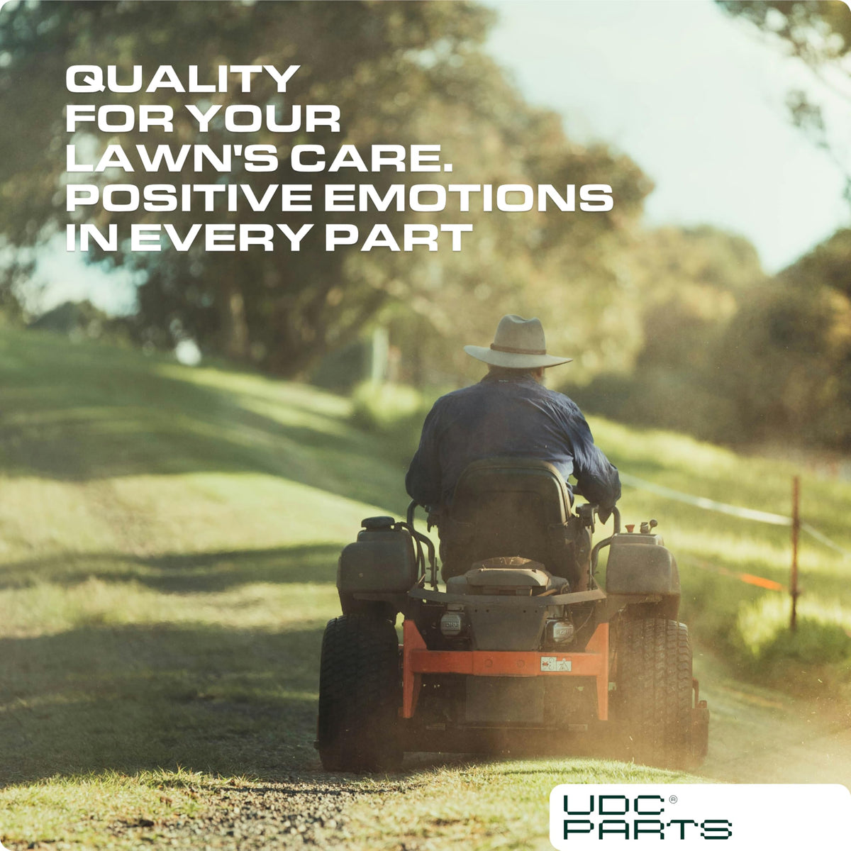 In-use mower scene shows UD Parts blade delivering consistent cuts.